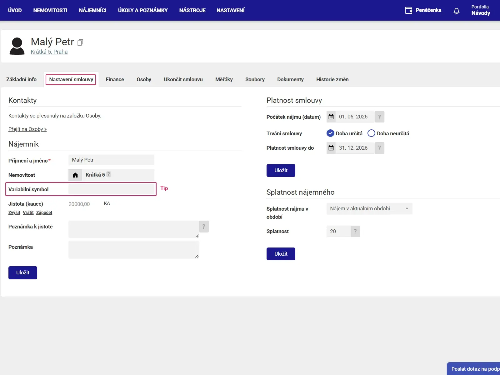 Aplikace Repilot: záložka Nastavení smlouvy s variabilním symbolem, platností smlouvy a splatností nájemného