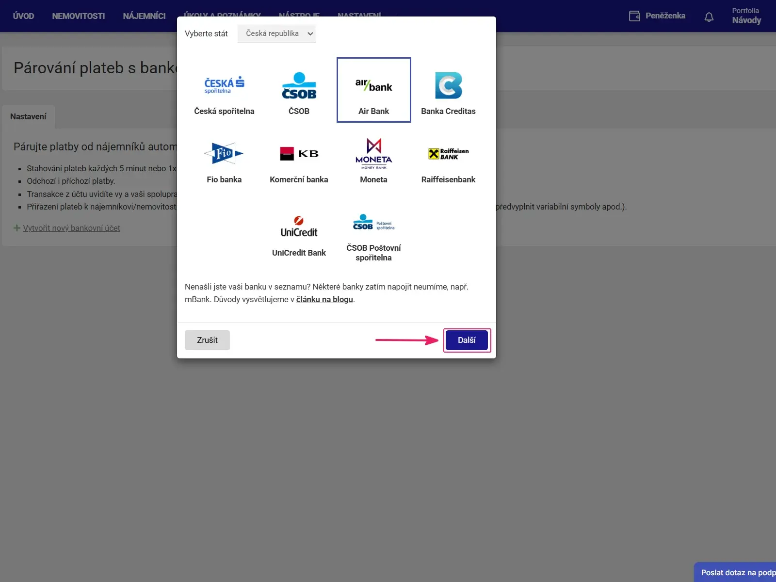 Aplikace Repilot: dialog s výběrem banky ze seznamu podporovaných bank a tlačítkem Další