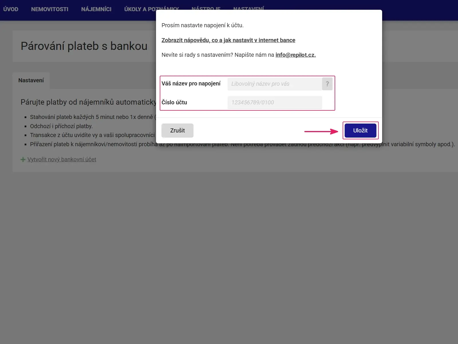 Aplikace Repilot: dialog napojení účtu s poli Váš název pro napojení a Číslo účtu a tlačítkem Uložit
