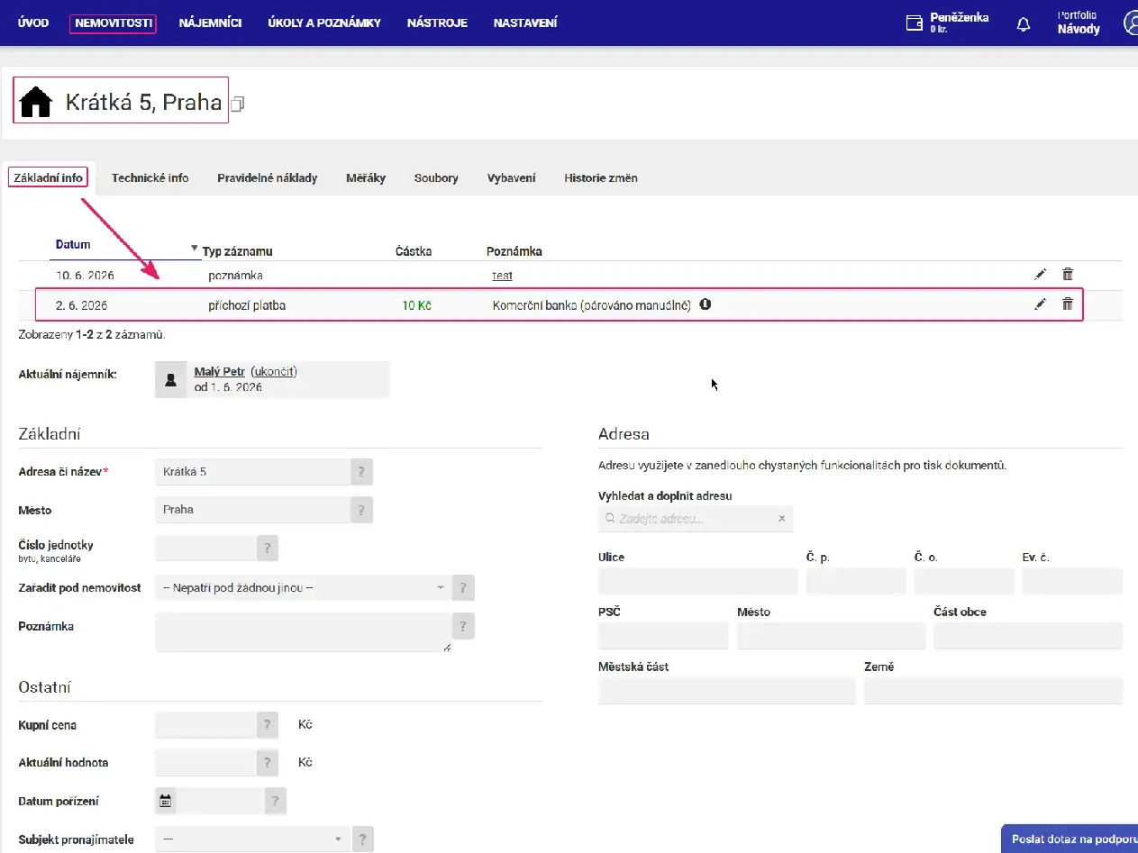 Aplikace Repilot: záložka Základní info nemovitosti se seznamem přijatých plateb