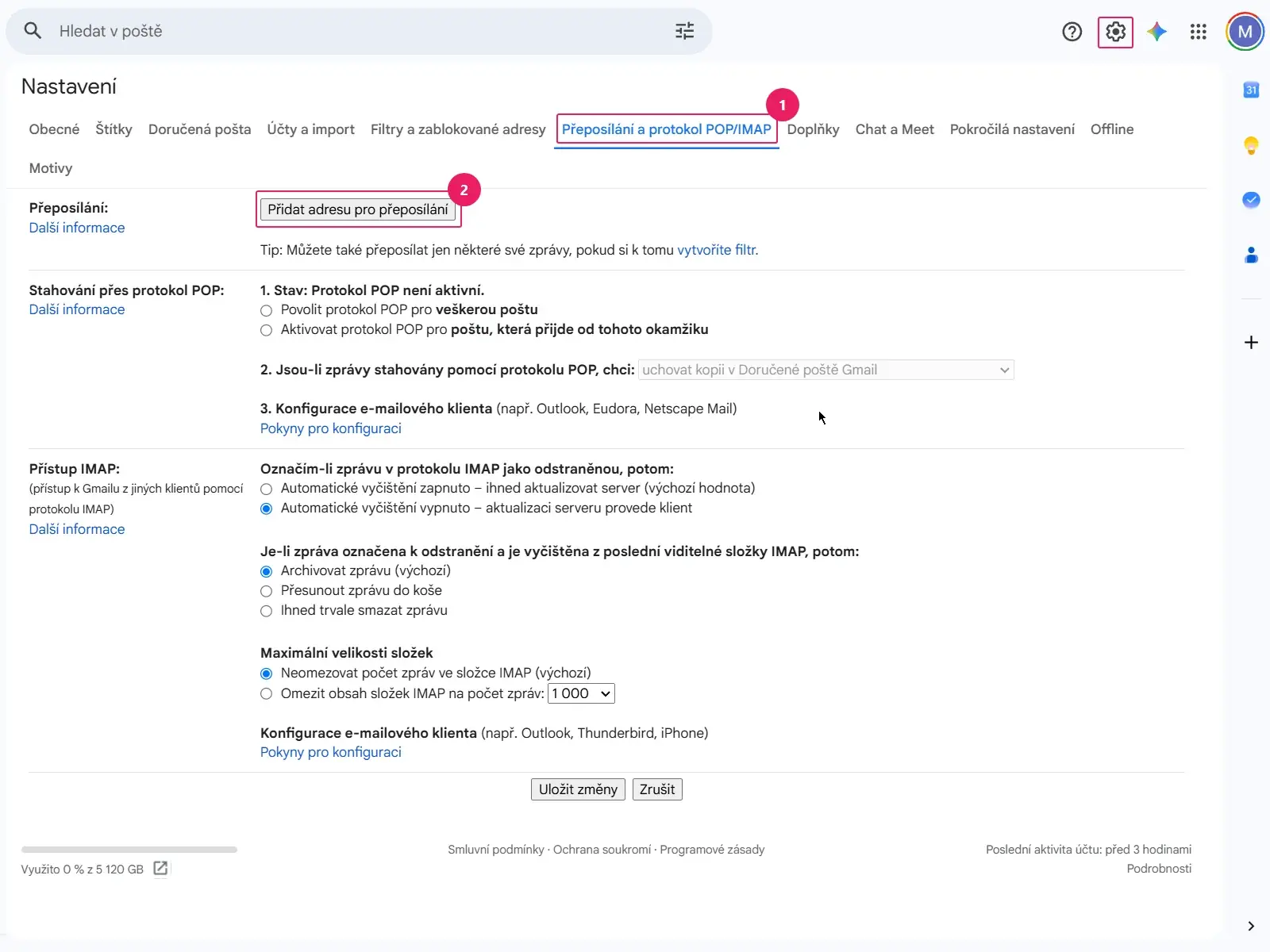 Gmail: záložka Přeposílání a protokol POP/IMAP s tlačítkem Přidat adresu pro přeposílání