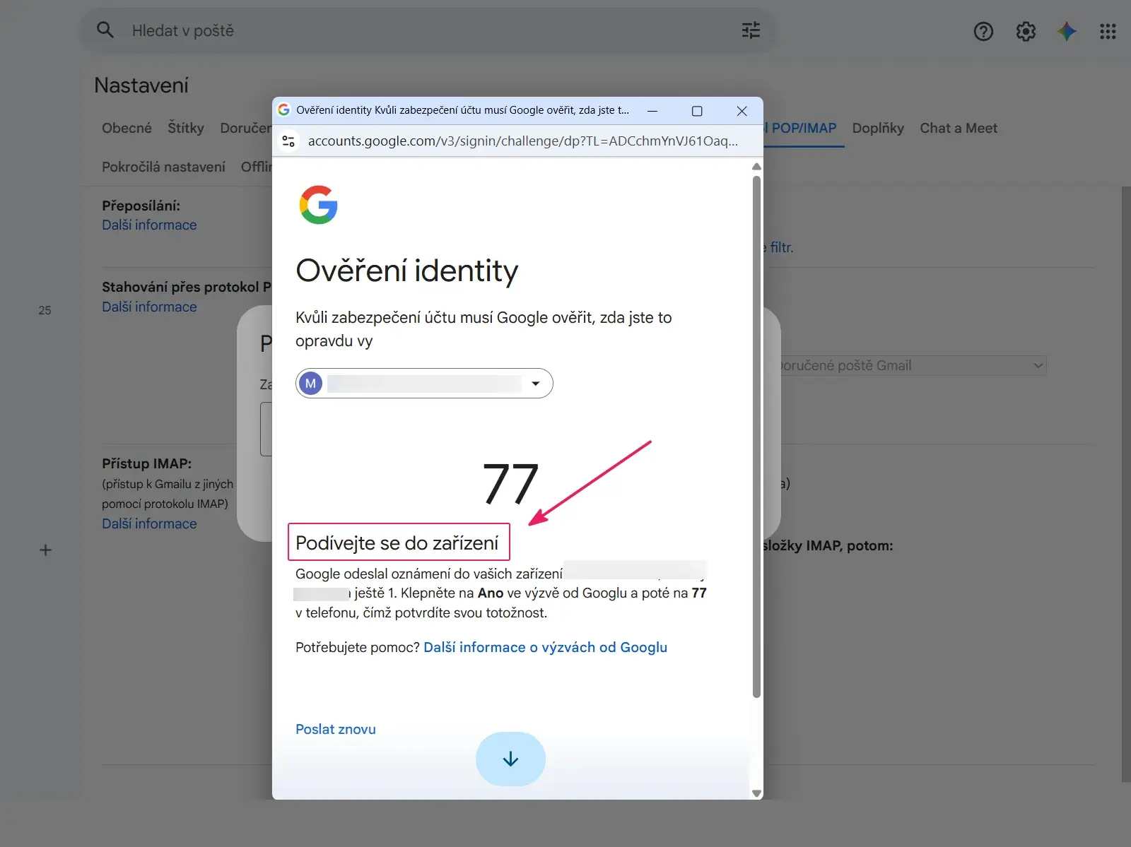 Gmail: dialog Ověření identity Google s kódem a zvýrazněnou výzvou Podívejte se do zařízení