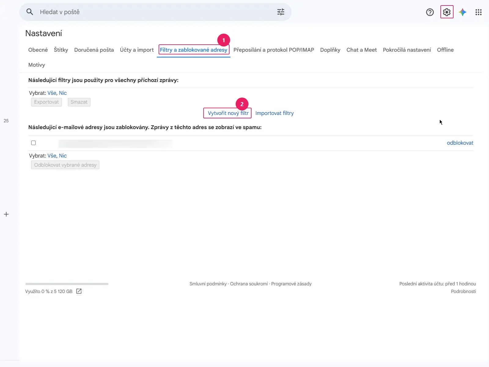 Gmail: záložka Filtry a zablokované adresy s odkazem Vytvořit nový filtr