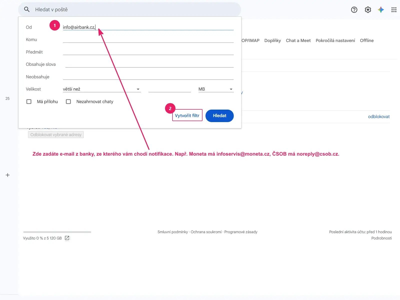 Gmail: formulář filtru s adresou banky v poli Od a tlačítkem Vytvořit filtr