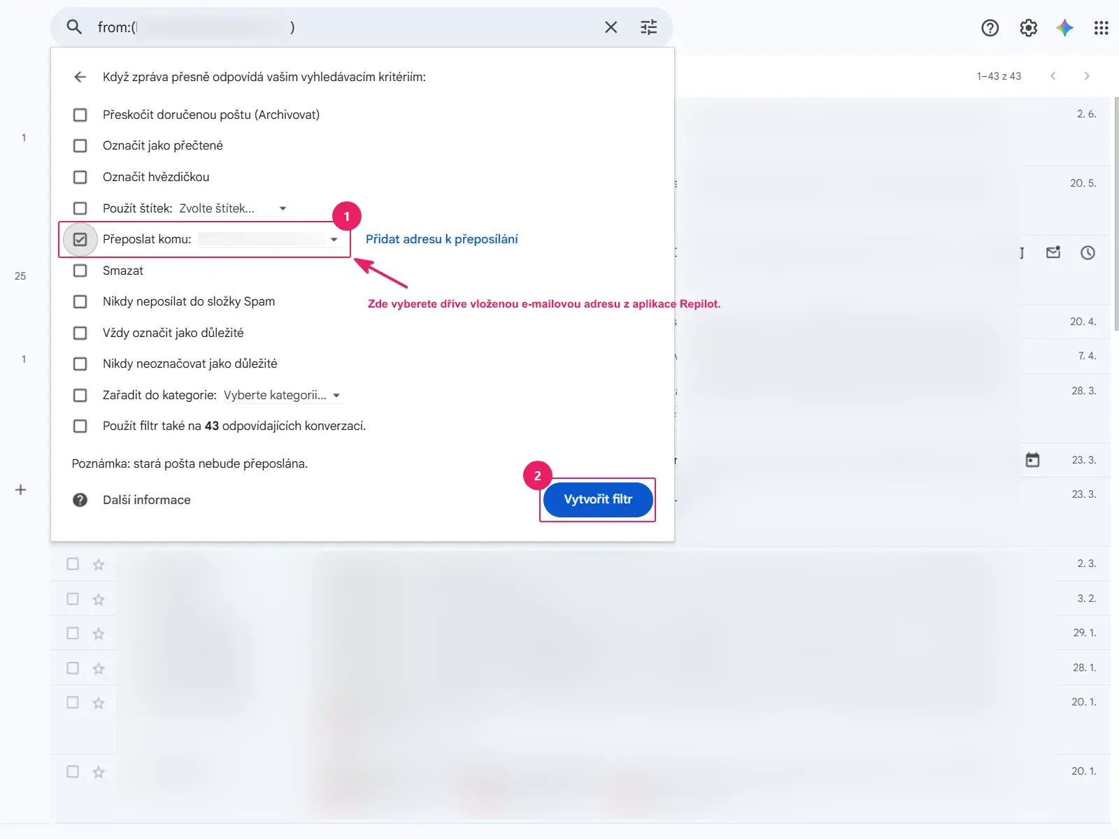 Gmail: akce filtru se zaškrtnutou volbou Přeposlat komu a tlačítkem Vytvořit filtr