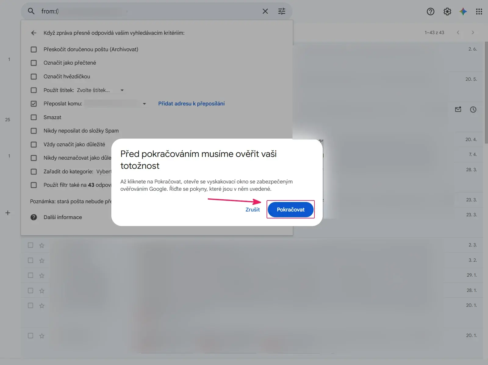 Gmail: upozornění Před pokračováním musíme ověřit vaši totožnost s tlačítkem Pokračovat