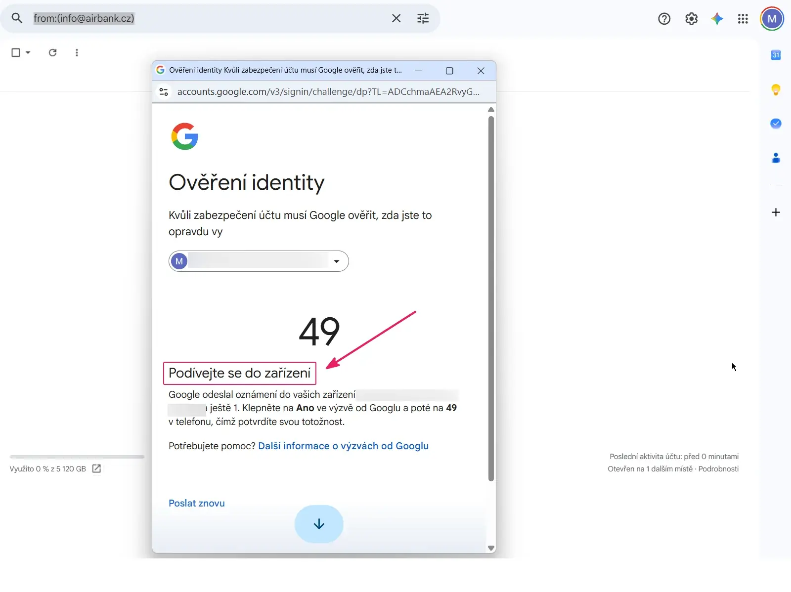 Gmail: opakované ověření identity Google s kódem pro potvrzení v telefonu