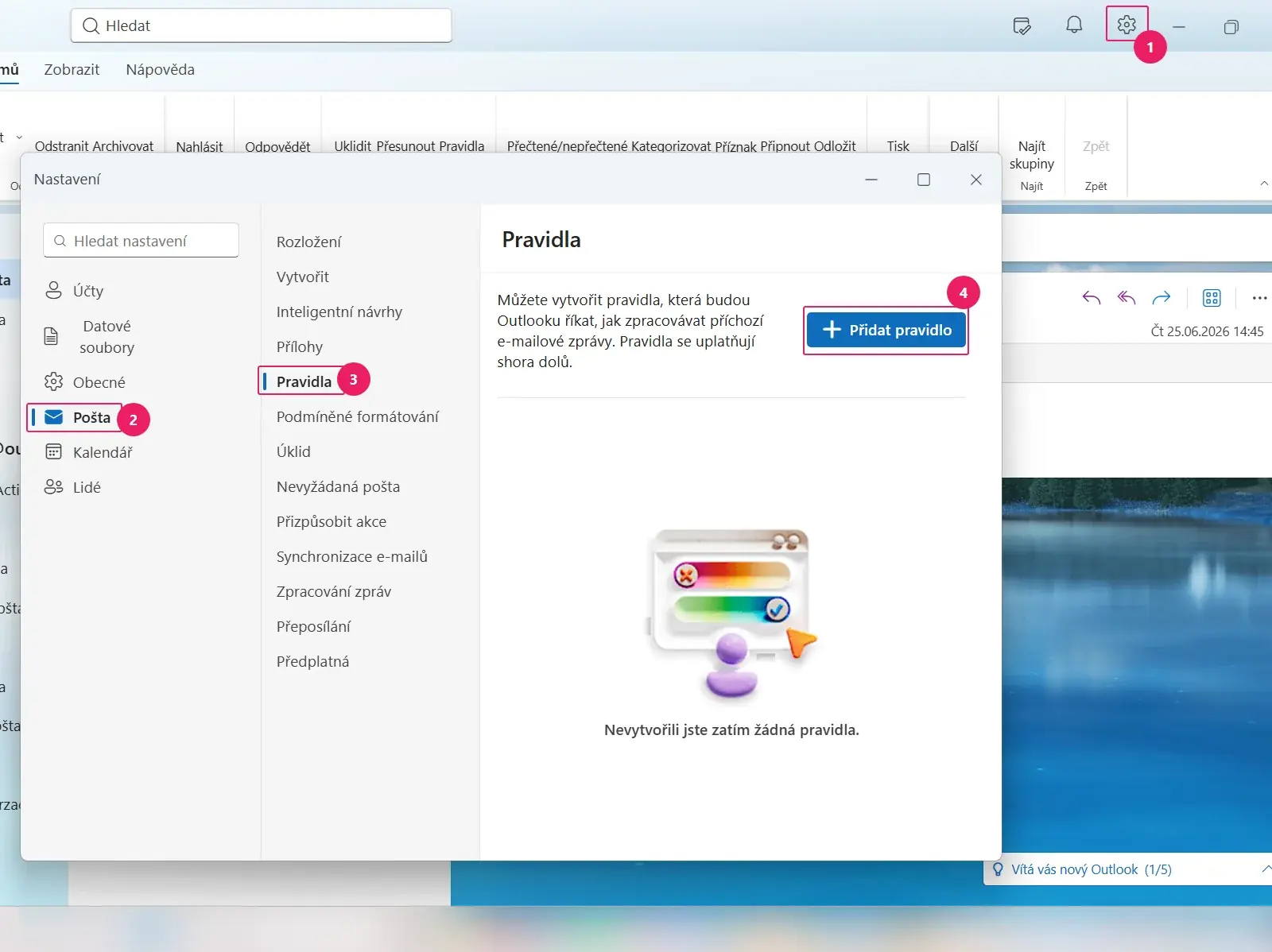 Outlook: okno Nastavení se sekcí Pošta, položkou Pravidla a tlačítkem Přidat pravidlo