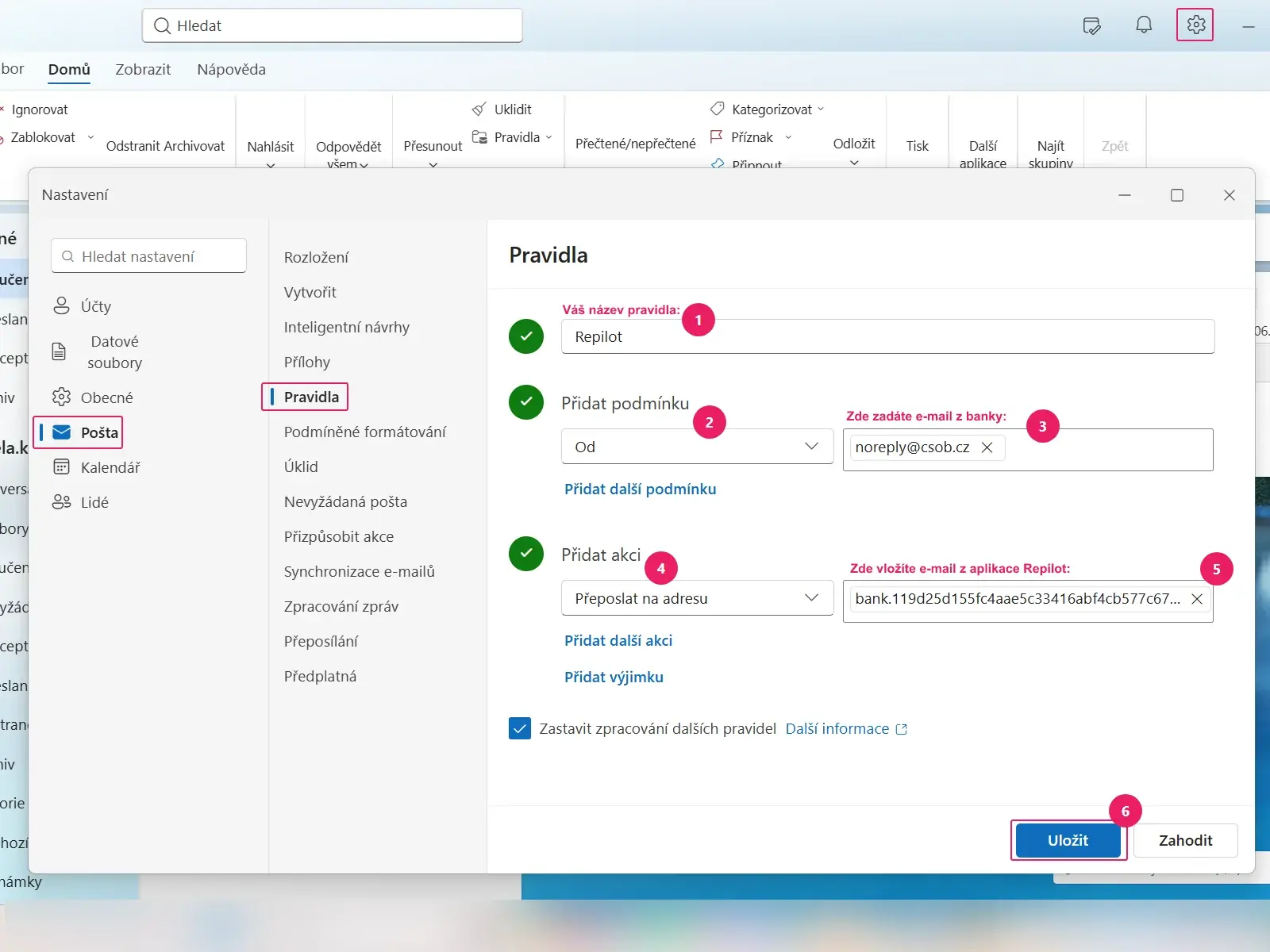 Outlook: formulář pravidla s podmínkou Od, akcí Přeposlat na adresu a tlačítkem Uložit