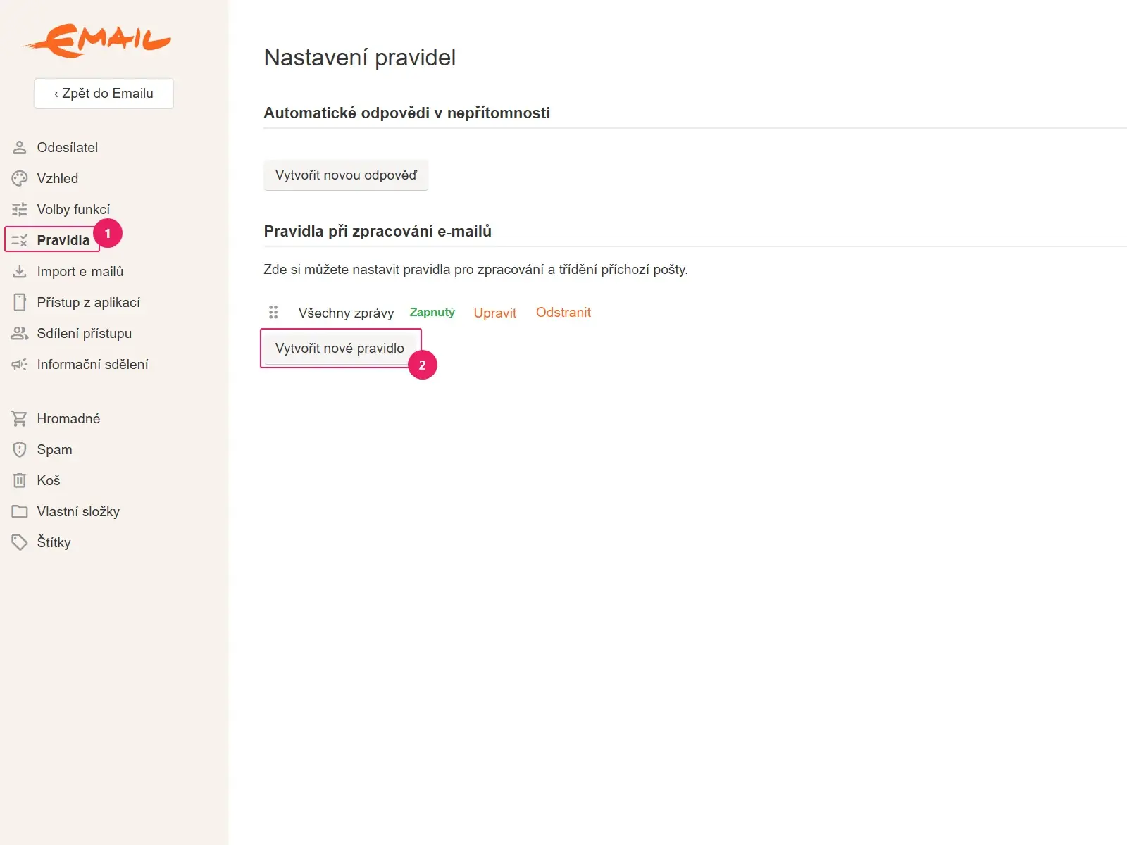 Email.cz: Nastavení pravidel se zvýrazněnou položkou Pravidla a tlačítkem Vytvořit nové pravidlo