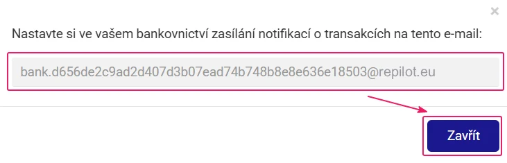Aplikace Repilot: dialog s e-mailovou adresou pro zasílání notifikací banky o transakcích