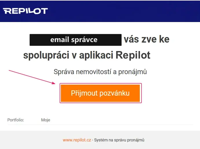 E-mail Pozvánka ke správě nemovitostí na Repilot.cz s oranžovým tlačítkem Přijmout pozvánku