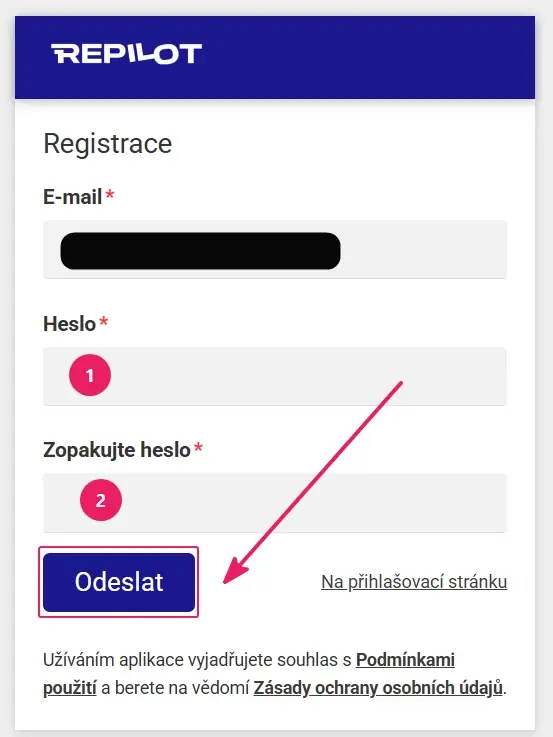 Aplikace Repilot: registrační formulář s poli pro zadání a zopakování hesla a tlačítkem Odeslat