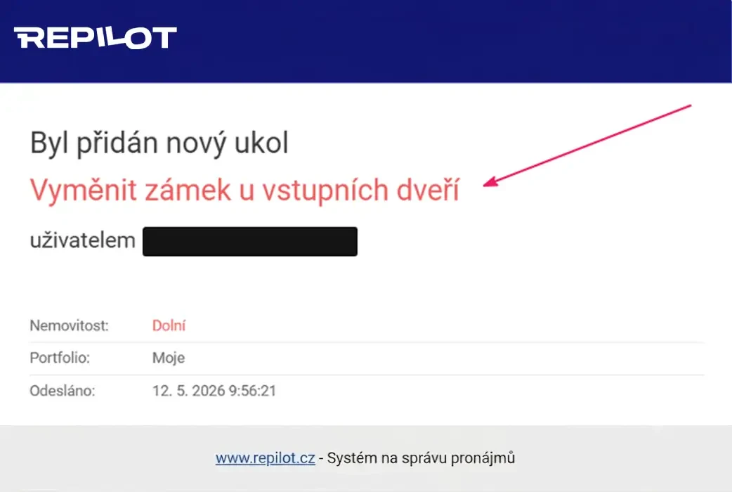 E-mailové oznámení o novém úkolu s odkazem na jeho detail v aplikaci Repilot