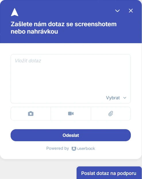 Aplikace Repilot: okno podpory Zašlete nám dotaz s možností přiložit screenshot a tlačítkem Odeslat