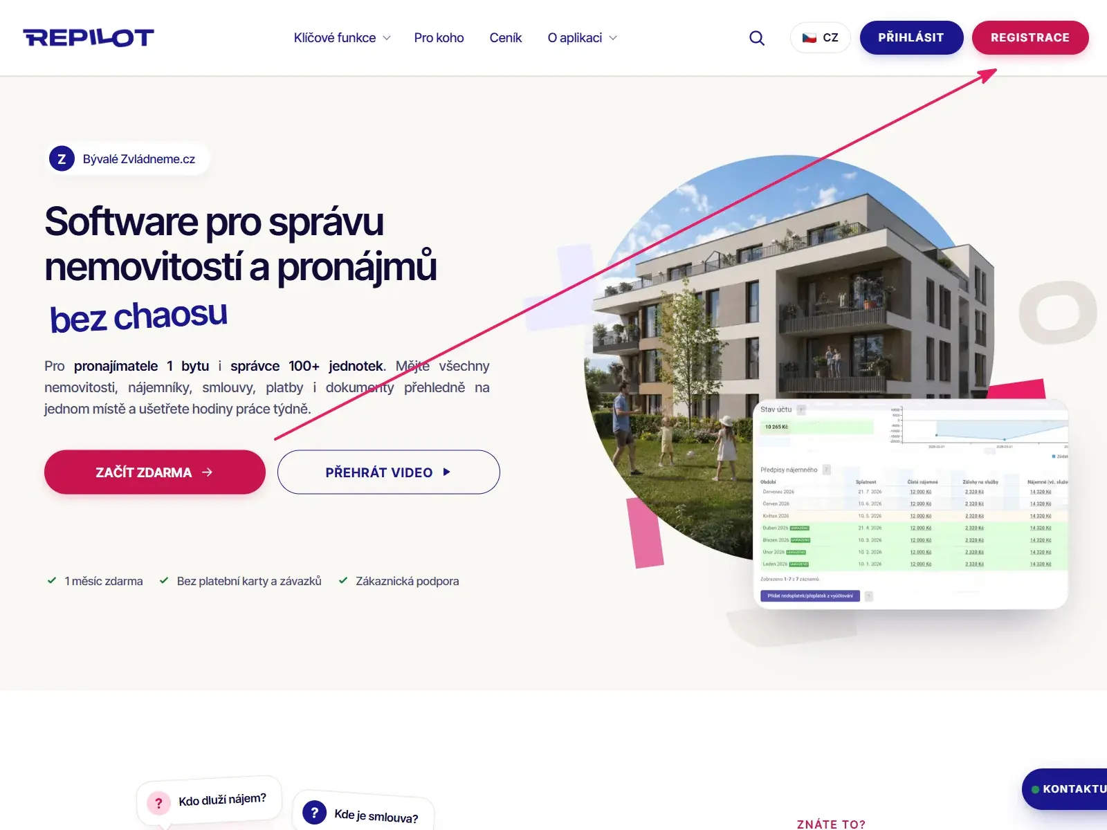 Úvodní stránka repilot.cz se zvýrazněným růžovým tlačítkem REGISTRACE vpravo nahoře