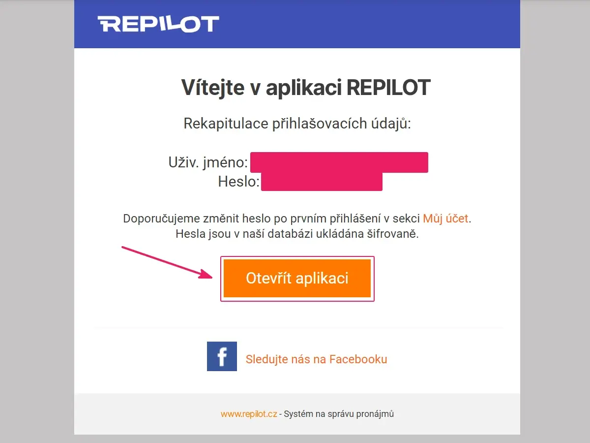 Uvítací e-mail Repilotu s přihlašovacími údaji a zvýrazněným tlačítkem Otevřít aplikaci