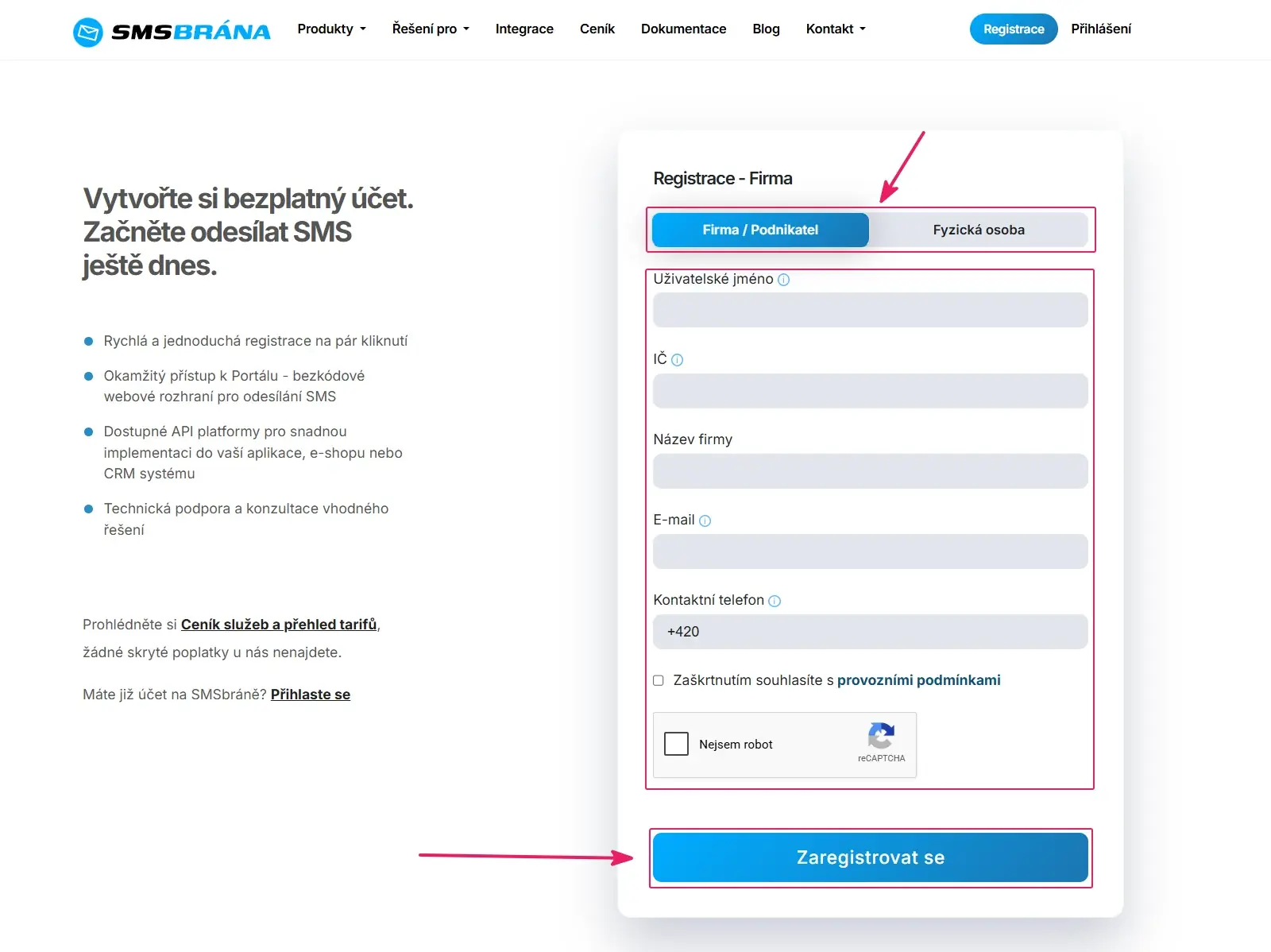 Web SMSbrána.cz: registrace nového účtu přes tlačítko Založit účet