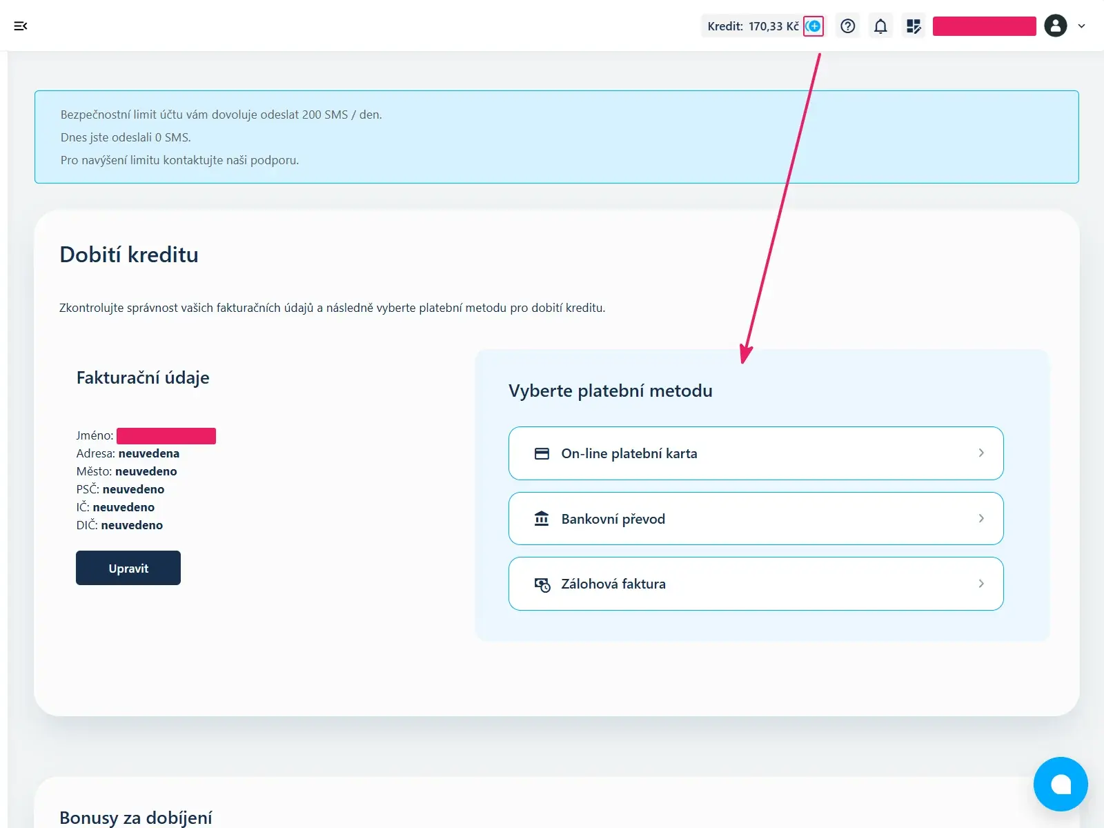 Web SMSbrána.cz: sekce Kredit s výběrem platební metody pro dobití