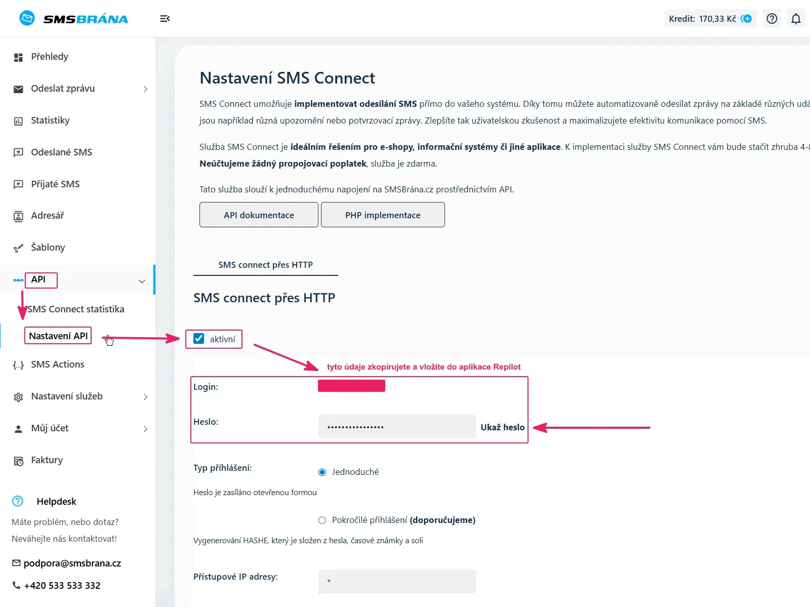 Web SMSbrána.cz: Nastavení API - SMS connect přes HTTP, zaškrtnutí aktivní a údaje Login a Heslo