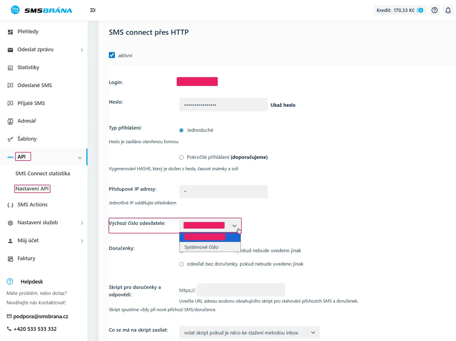 Web SMSbrána.cz: SMS connect přes HTTP - pole Výchozí číslo odesílatele s autorizovaným číslem