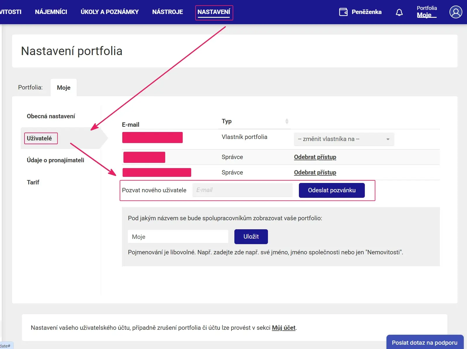 Aplikace Repilot: sekce Uživatelé se zvýrazněným polem Pozvat nového uživatele a tlačítkem Odeslat pozvánku