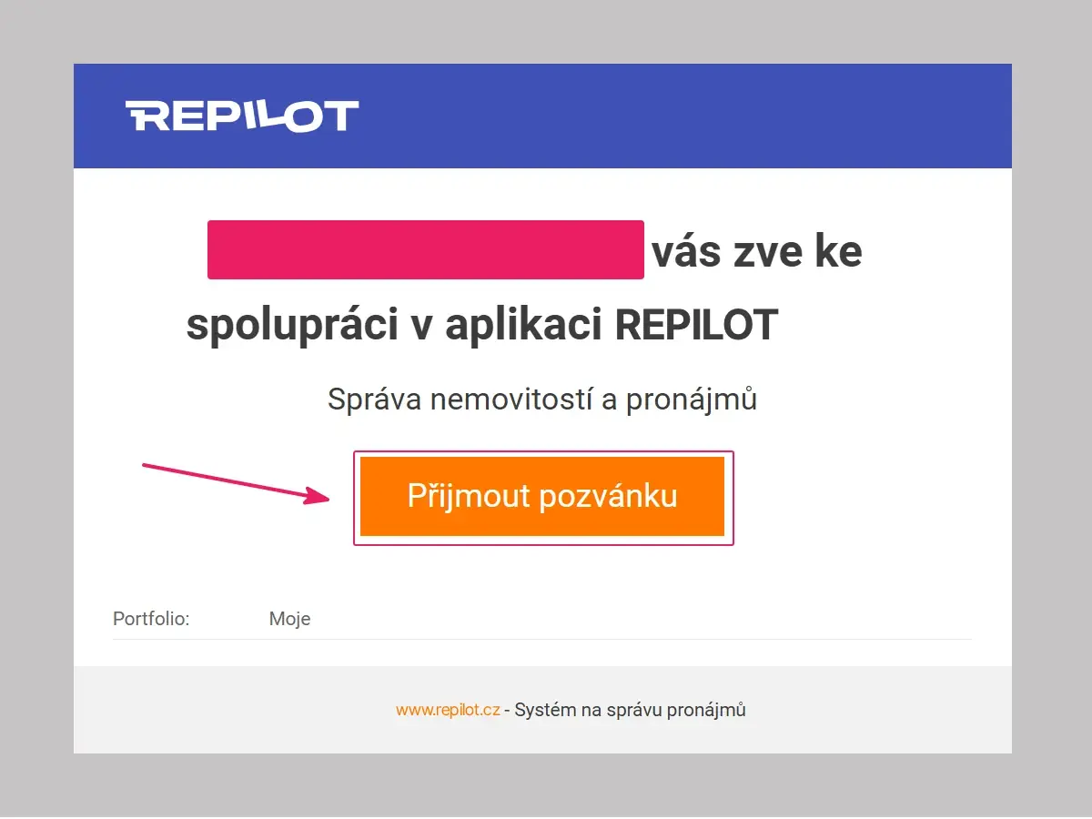 E-mail s pozvánkou ke spolupráci v aplikaci Repilot a zvýrazněným tlačítkem Přijmout pozvánku