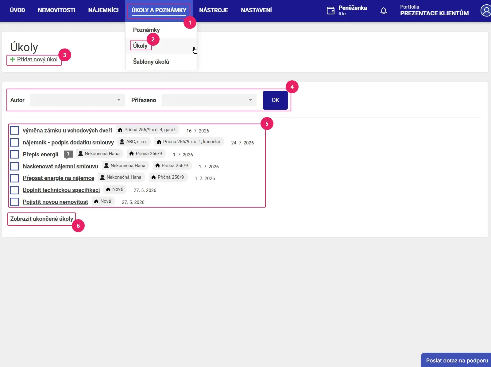 Aplikace Repilot: seznam aktivních úkolů v menu Úkoly a poznámky s filtry podle autora a řešitele