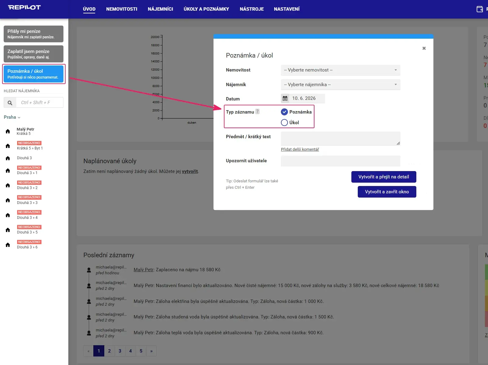 Aplikace Repilot: modré tlačítko Poznámka / úkol a otevřené okno s volbou typu záznamu
