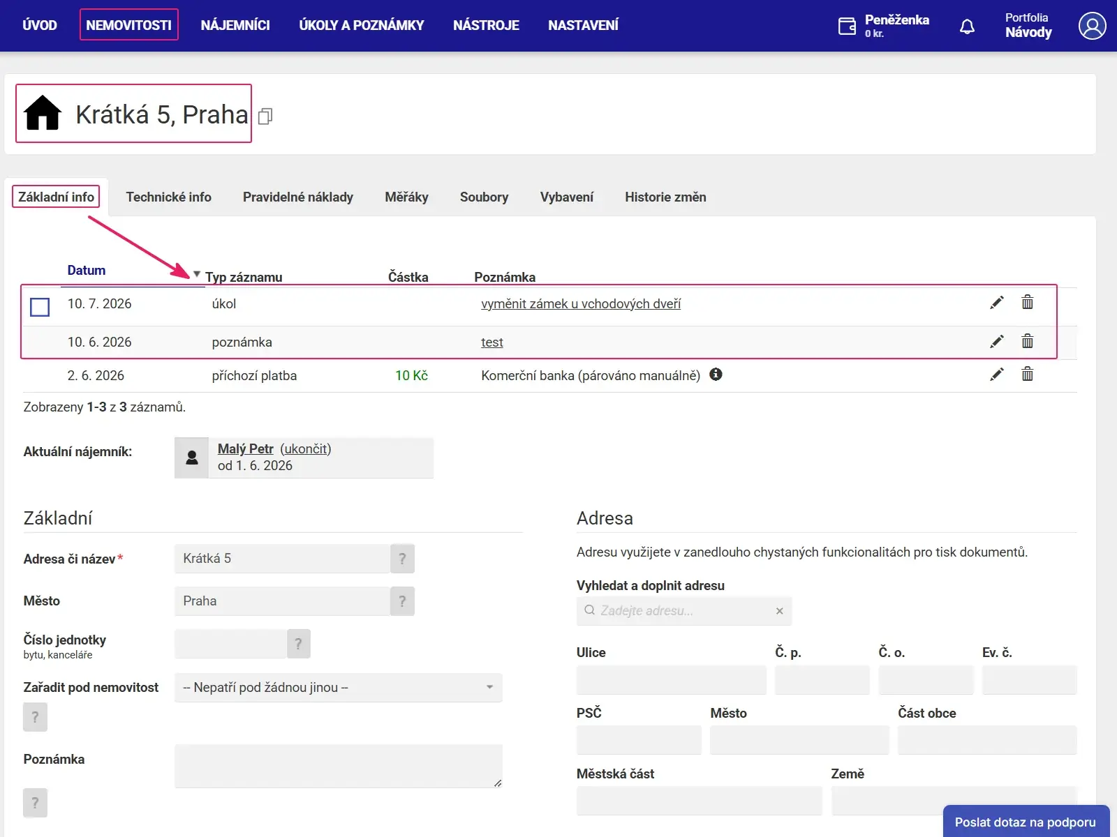 Aplikace Repilot: úkol a poznámka v seznamu záznamů na záložce Základní info nemovitosti