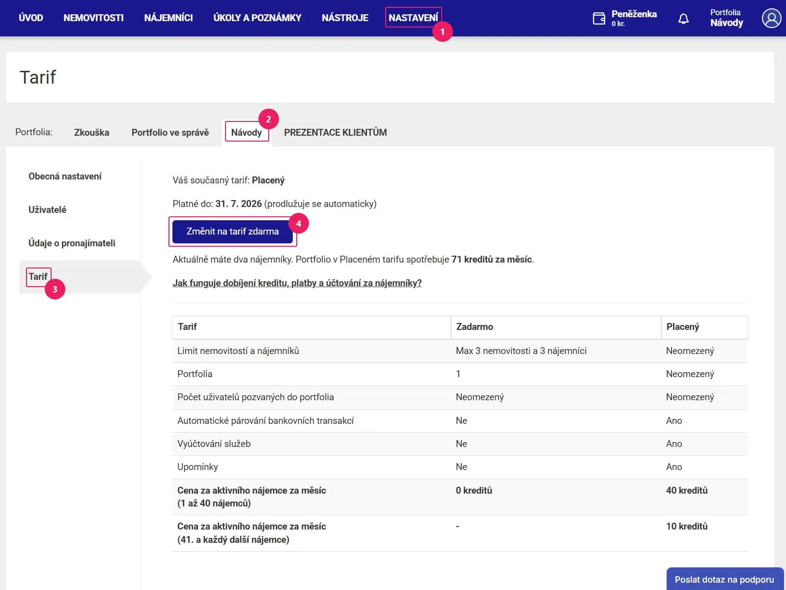 Aplikace Repilot: Nastavení → Tarif s tlačítkem Změnit na tarif zdarma a srovnáním tarifů