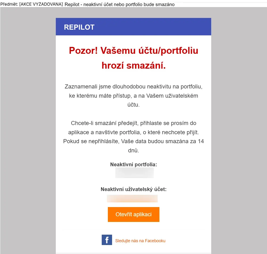 E-mail Repilotu s varováním, že neaktivnímu účtu a portfoliím hrozí smazání, a tlačítkem Otevřít aplikaci