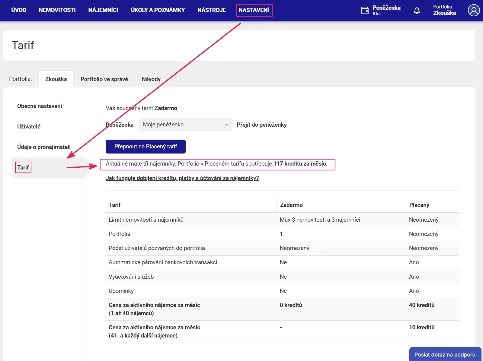Aplikace Repilot: Nastavení → Tarif s odhadem měsíční spotřeby kreditů pro Placený tarif