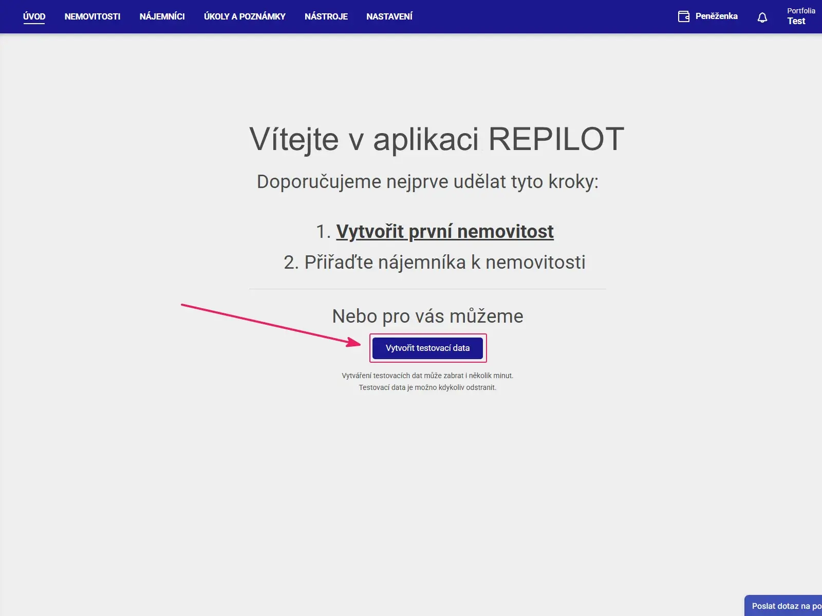 Aplikace Repilot: uvítací obrazovka se zvýrazněným tlačítkem Vytvořit testovací data