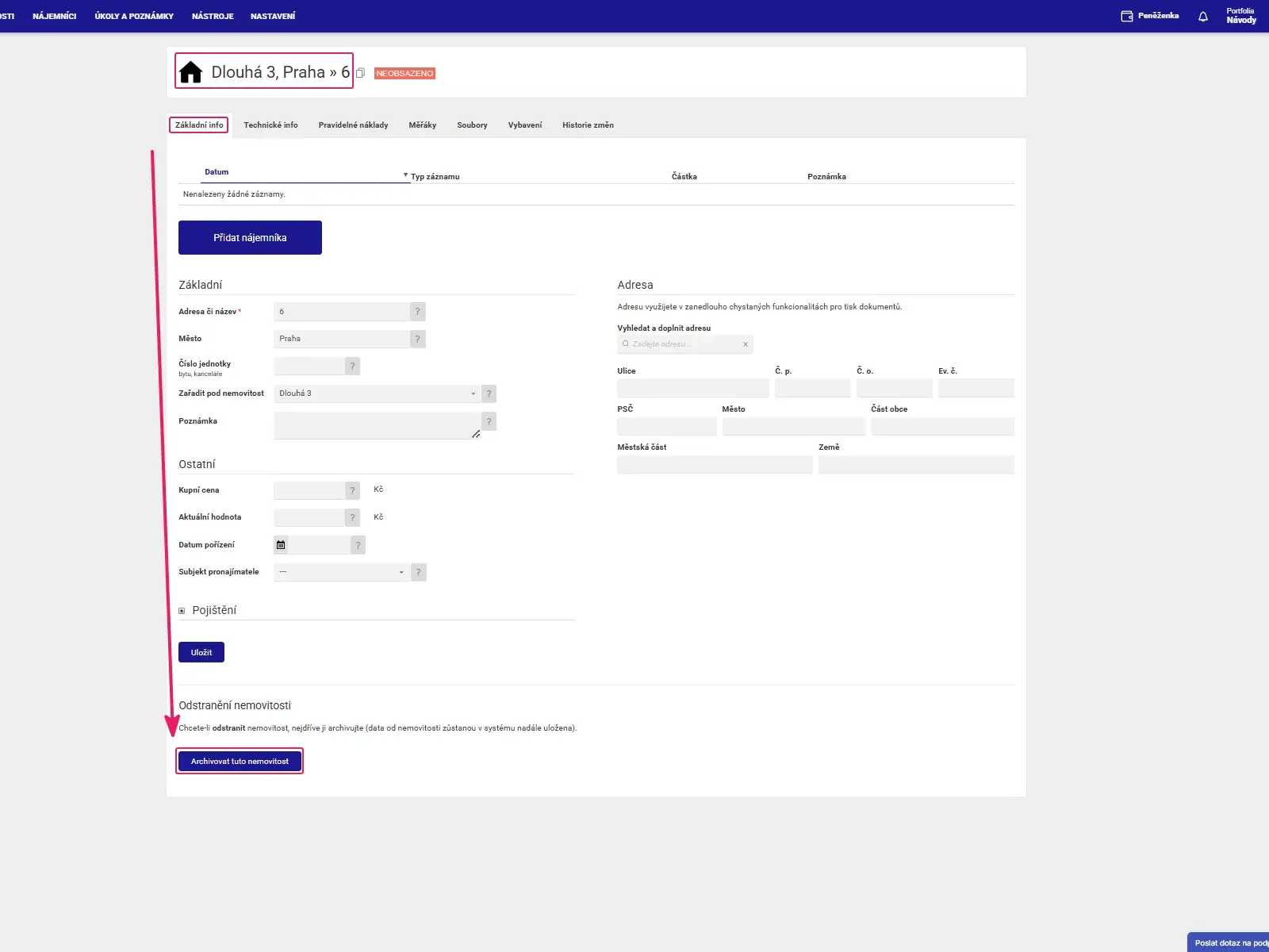 Aplikace Repilot: detail nemovitosti se záložkou Základní info a tlačítkem Archivovat tuto nemovitost dole
