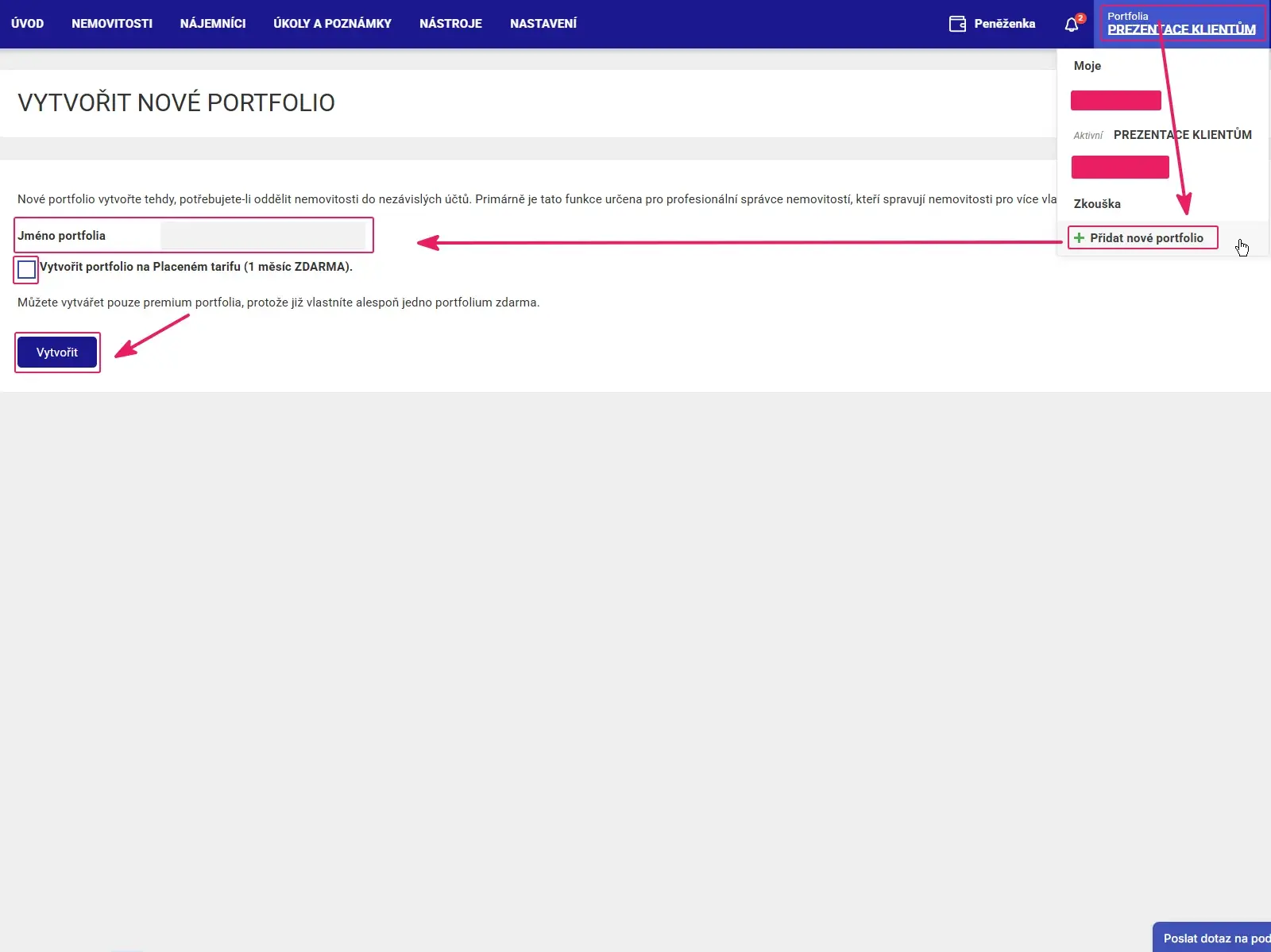 Aplikace Repilot: menu Portfolia s volbou Přidat nové portfolio a formulář s polem Jméno portfolia a tlačítkem Vytvořit