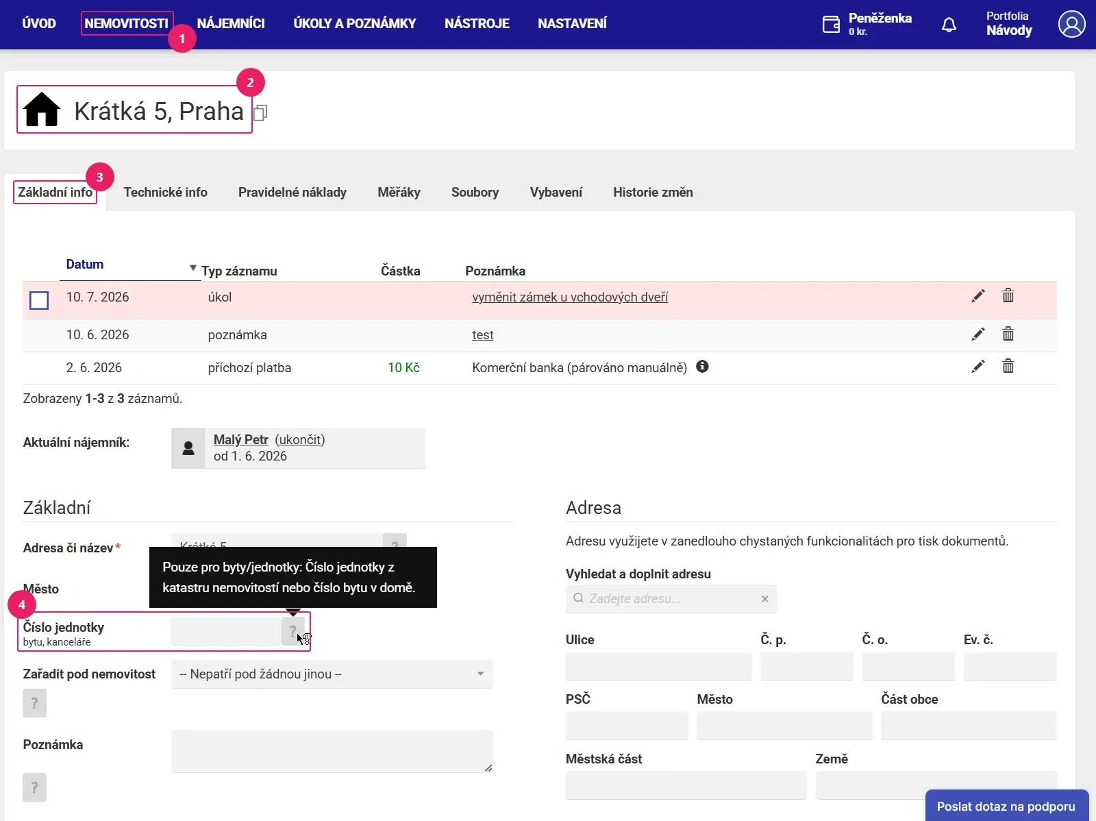 Aplikace Repilot: číslo jednotky v základních informacích o nemovitosti