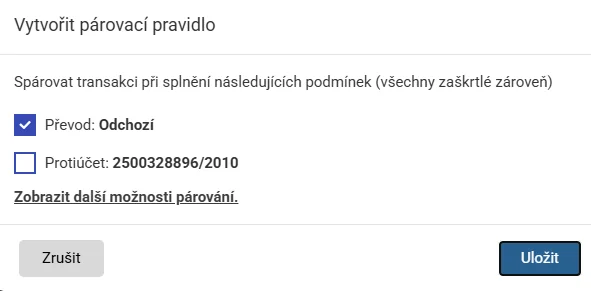 Aplikace Repilot: dialog pro vytvoření párovacího pravidla s podmínkami převodu a protiúčtu