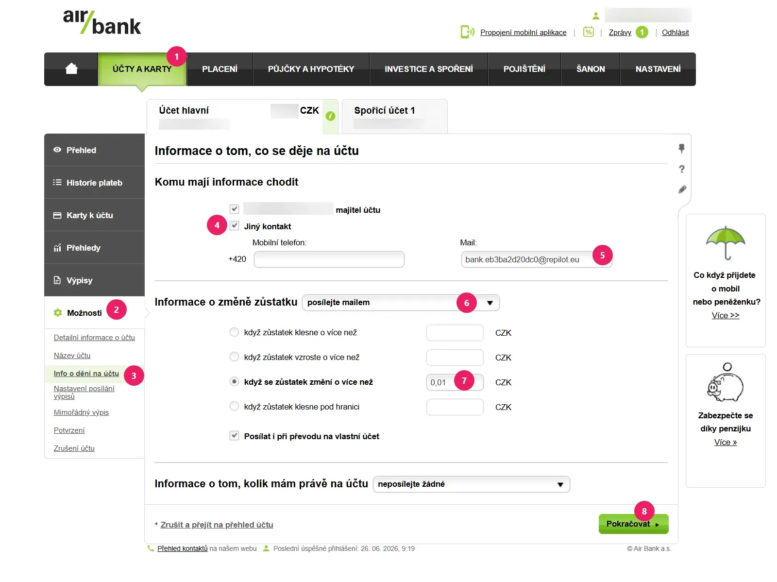 Internetové bankovnictví Air Bank: formulář Info o dění na účtu s notifikačním e‑mailem Repilot