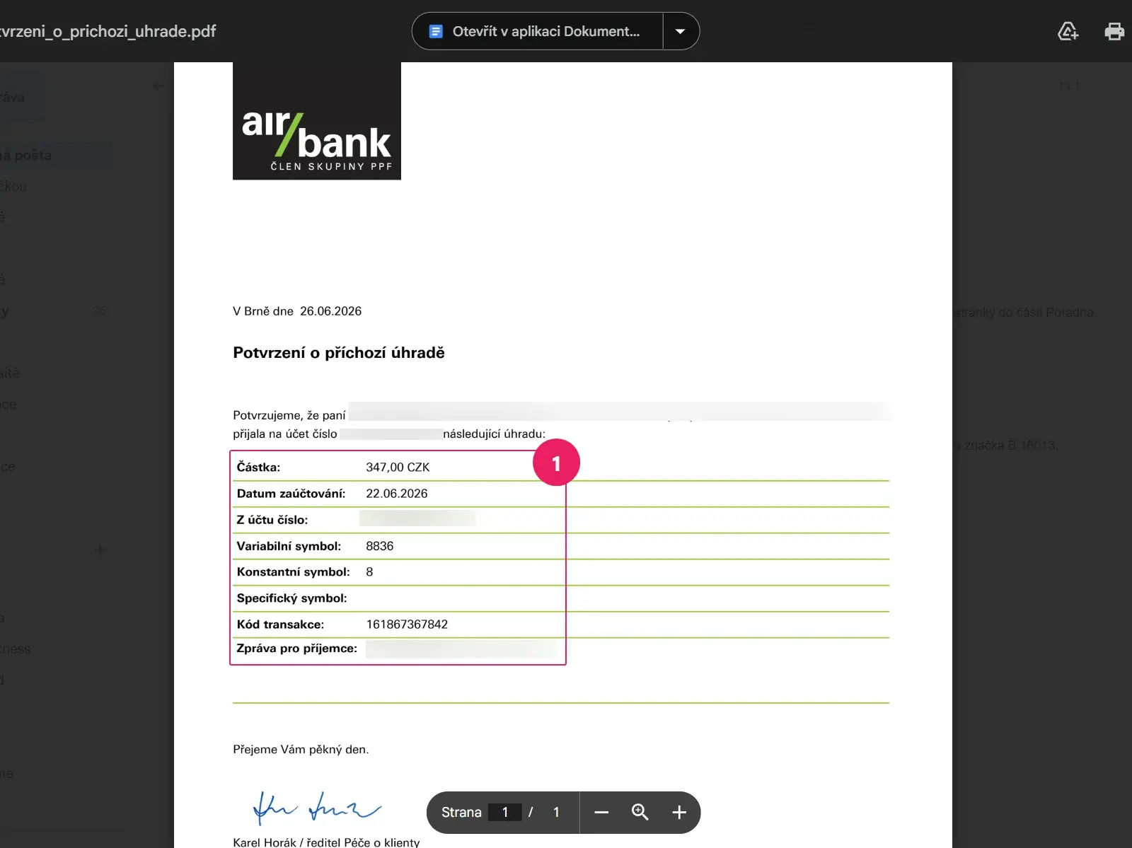 Internetové bankovnictví Air Bank: potvrzení o platbě
