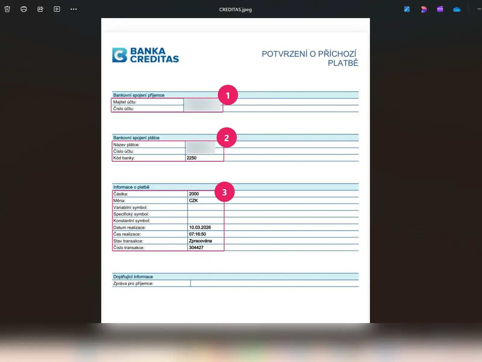 Internetové bankovnictví CREDITAS: potvrzení o platbě