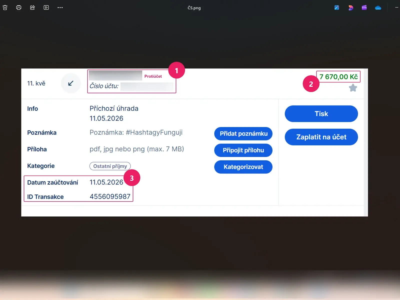Internetové bankovnictví České spořitelny: potvrzení o platbě