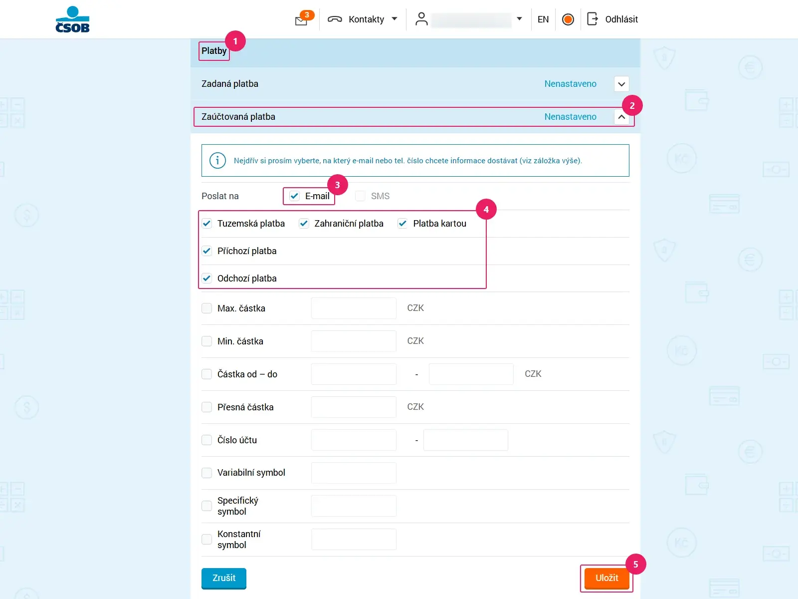 Internetové bankovnictví ČSOB: nastavení zasílání notifikací o platbách na e‑mail (2/2)
