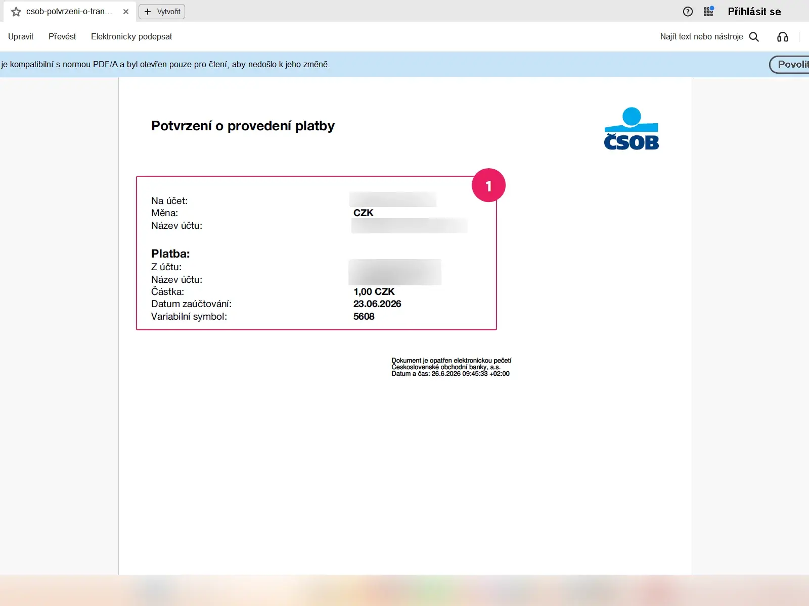 Internetové bankovnictví ČSOB: potvrzení o provedení platby