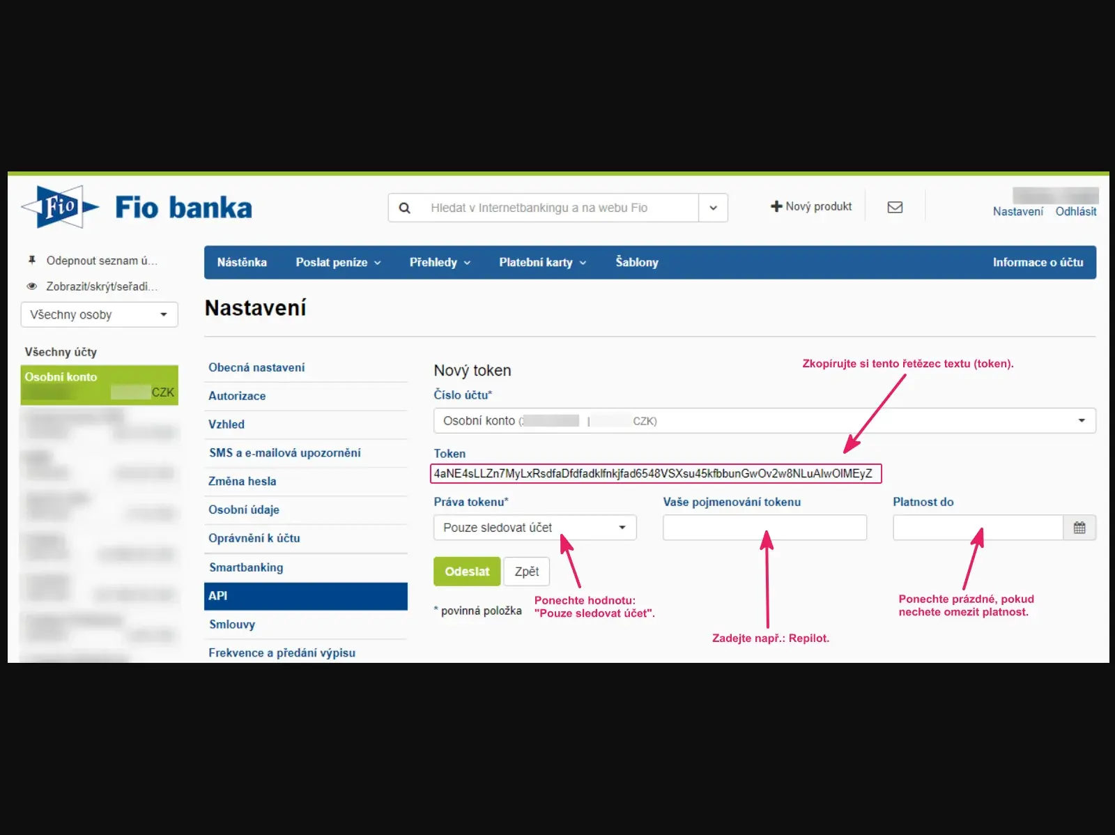 Internetové bankovnictví Fio banky: vytvoření API tokenu v Nastavení → API