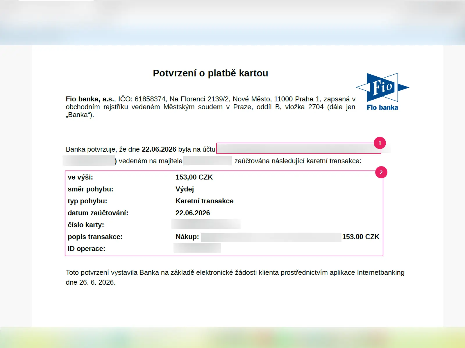 Internetové bankovnictví Fio banky: potvrzení o platbě