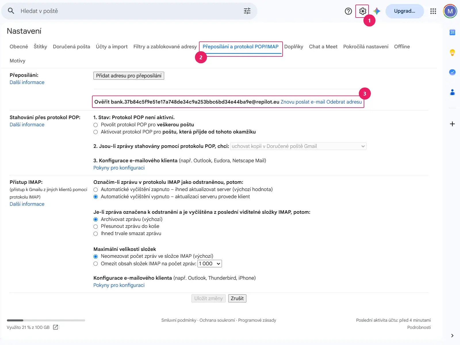 Gmail: záložka Přeposílání a protokol POP/IMAP s adresou pro přeposílání na Repilot
