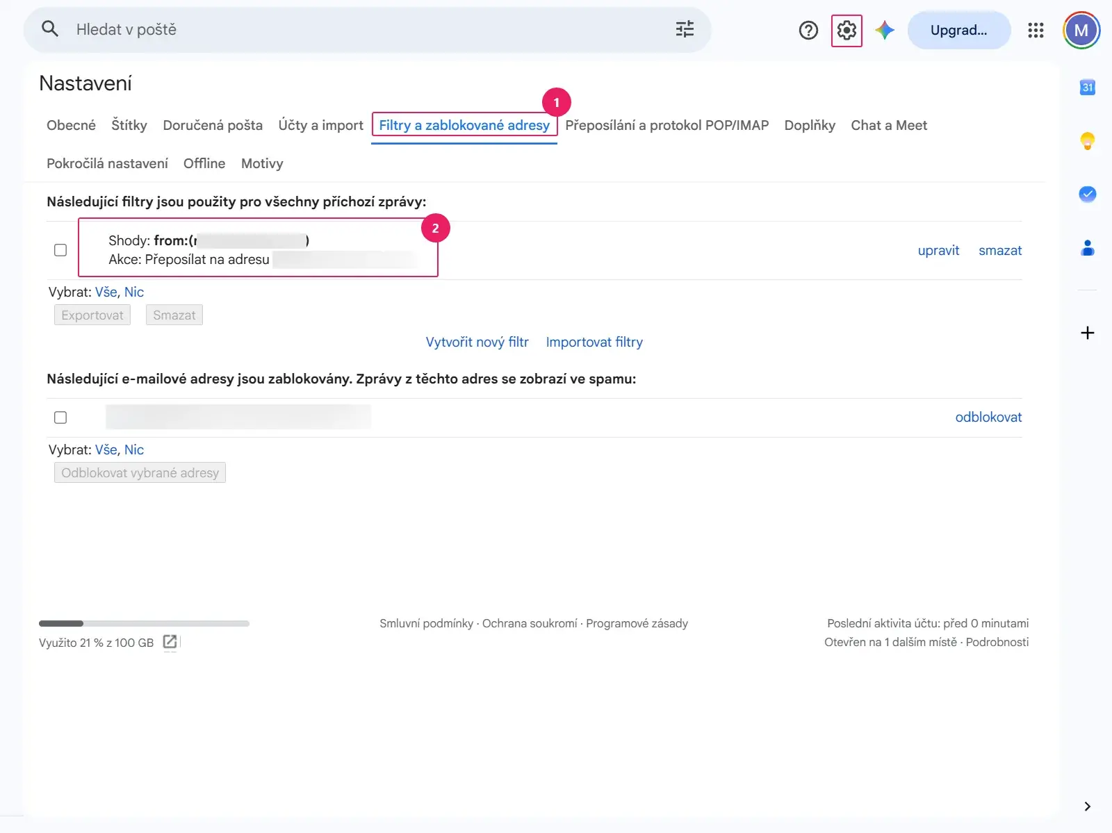Gmail: záložka Filtry a zablokované adresy s filtrem Přeposílat na adresu