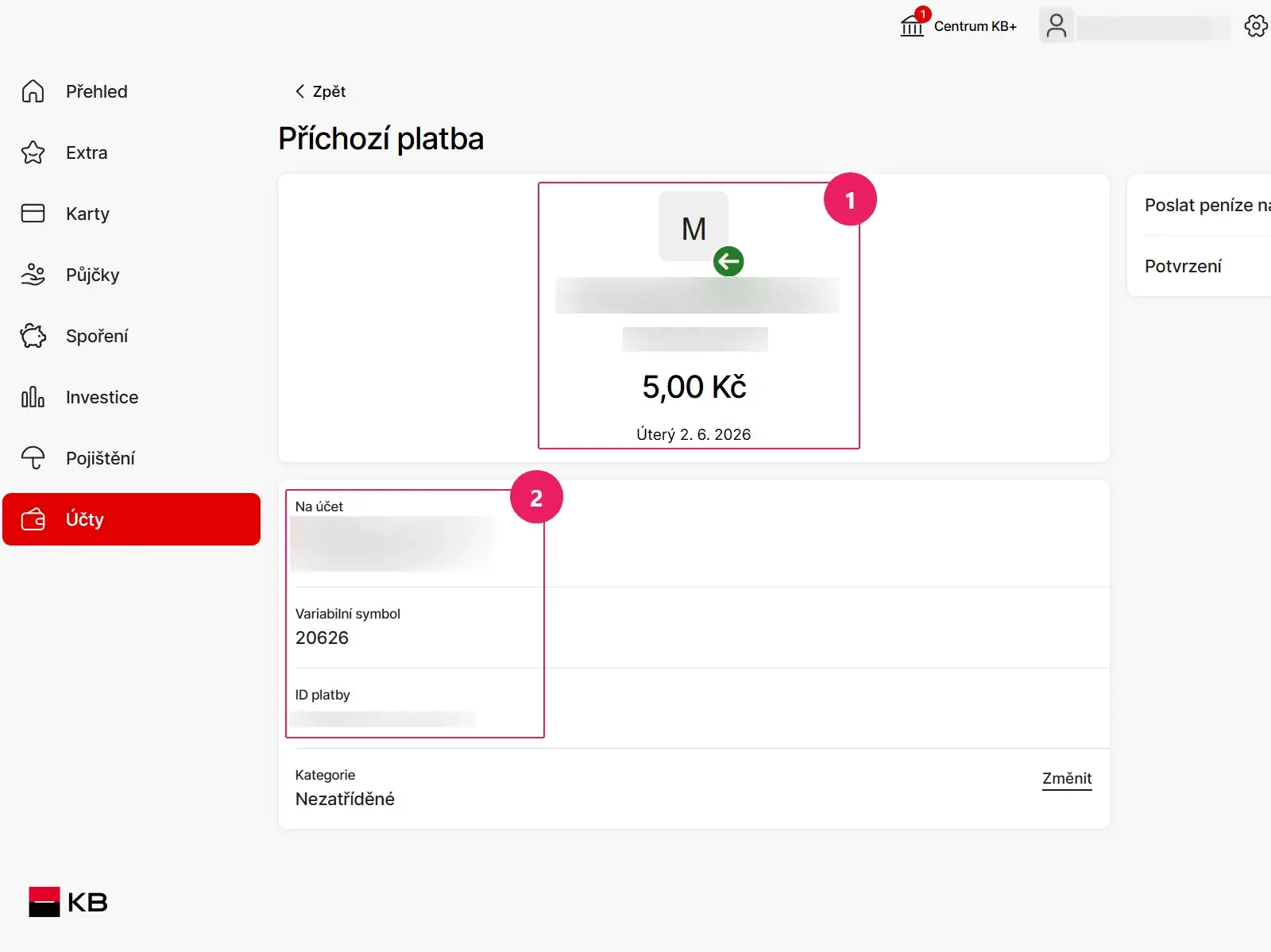 Internetové bankovnictví Komerční banky: potvrzení o platbě