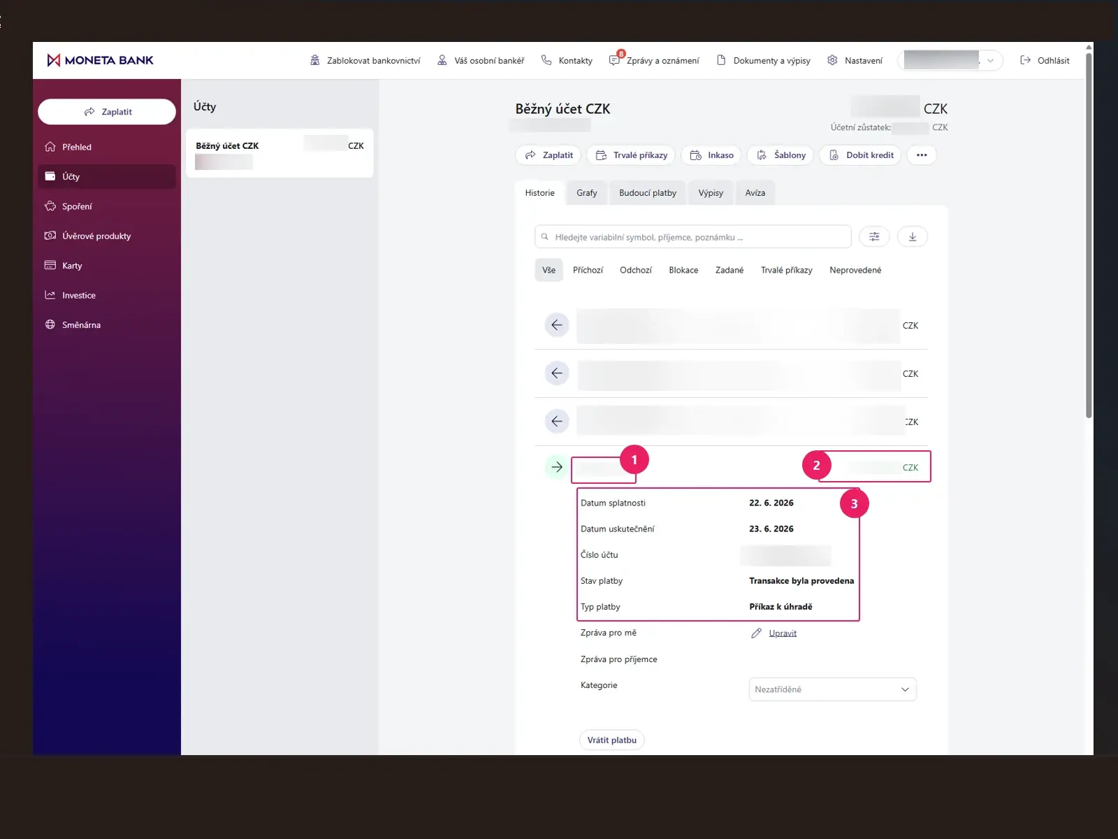Internetové bankovnictví Moneta: detail potvrzené transakce